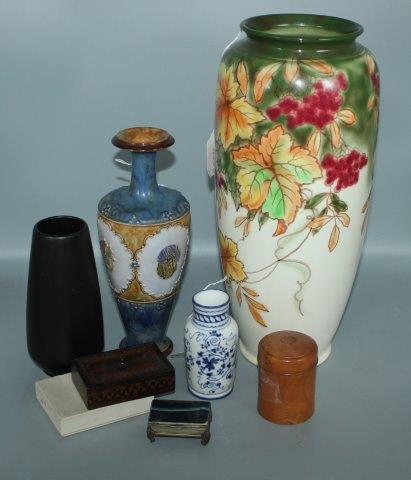 Royal Doulton stoneware vase, Sylvac tall vase, 2 others, treen box & Muscial compact(-)